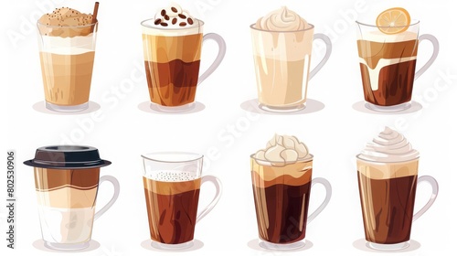 Hot and cold coffee beverage Different types of drinks set Espresso, americano cup, cappuccino and latte in paper mug, iced macchiato in glass Flat vector illustrations isolated on white background