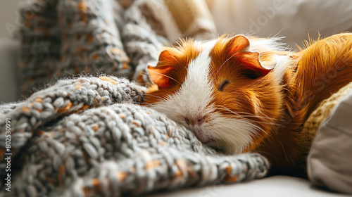 Sleeping Guinea Pig Nestled in Cozy Gray Knitted Blanket Soft Light Warm Colors