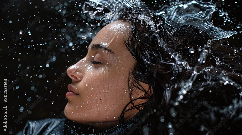 Obraz premium Serene Woman with Wet Hair in Rain Close Up Peaceful Expression