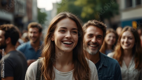 A vibrant scene of boundless optimism is captured in intricate detail: cheerful people radiating joy, their faces beaming with contagious smiles, engaged in heartwarming interactions. This richly text