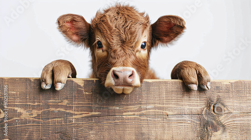 Curious Brown Calf Peeking Over Weathered Wooden Fence