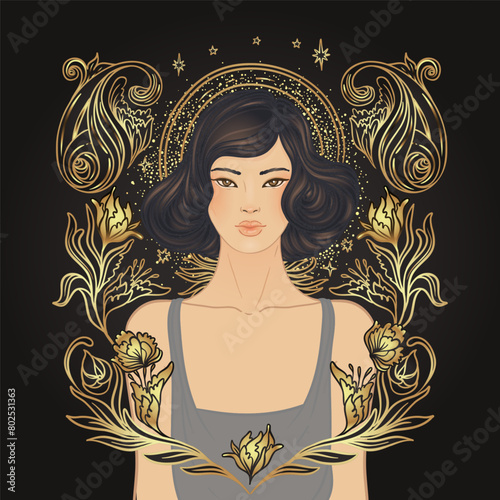 Retro fashion, glamour girl of twenties. Asian pretty woman. Vector illustration. Flapper 20s style. Vintage party invitation design template. Fancy asian lady.