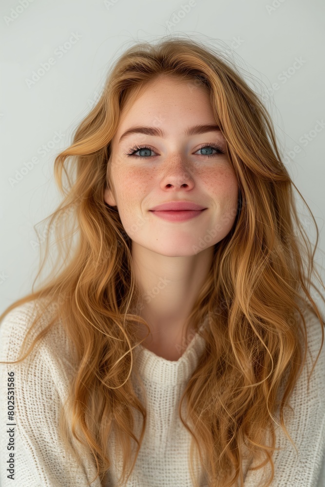 Smiling Strawberry Blonde Red Hair and Fashion Model Happy Portrait of a Person, White Background Studio Photo of Cheerful People Showing Emotion, Cosmetics and Beauty Concept Backdrop Smiling Strawberry Blonde Red Hair and Fashion Model Happy Portrait of a Person, White Background Studio Photo of Cheerful People Showing Emotion, Cosmetics and Beauty Concept Backdrop
