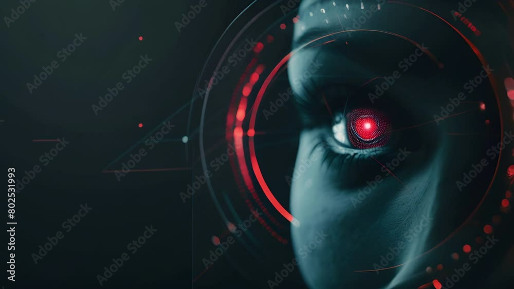 Pushing towards a human eye glowing red with concentric circles from an augmented reality HUD