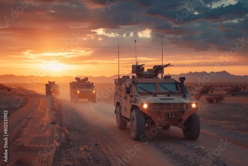 Military armored vehicles in the desert at sunset. Nato military vehicle. A military vehicle for infantry and special operations
