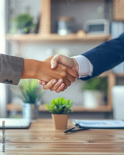 Close up of business people shaking hands in office.