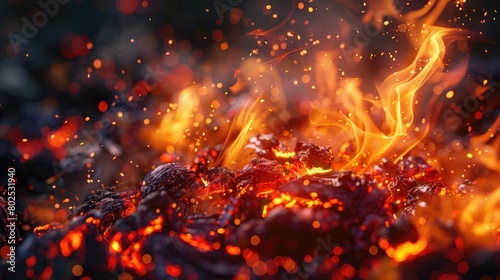 A close-up of lively flames and embers from a summer bonfire. AIG50 © Summit Art Creations