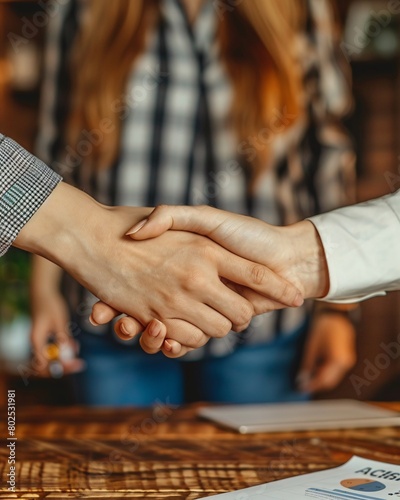 Close up of business people shaking hands in office.