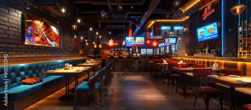Colorful D Rendered BBQ Ribs Restaurant Interior Inviting Diners to a Tasty Meal