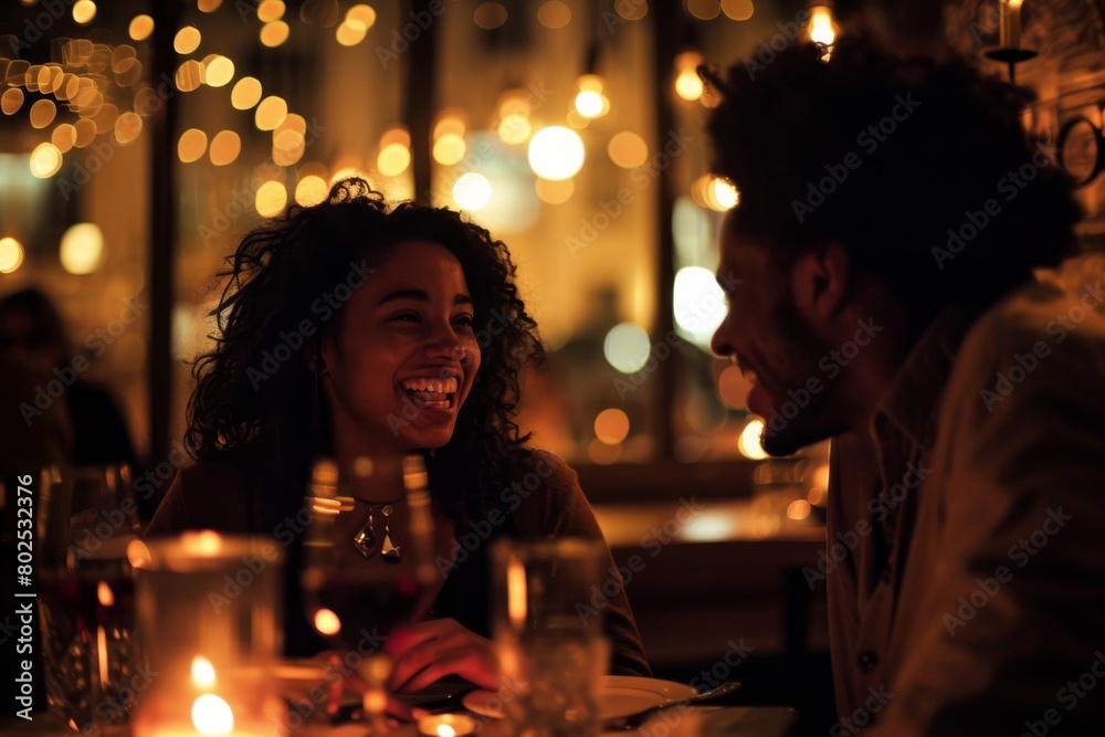 Warm, romantic atmosphere as a couple enjoys an intimate conversation at a candlelit dinner