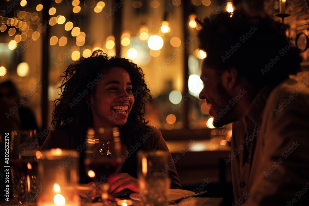 Warm, romantic atmosphere as a couple enjoys an intimate conversation at a candlelit dinner Warm, romantic atmosphere as a couple enjoys an intimate conversation at a candlelit dinner