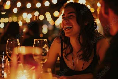 Captivating scene of a woman laughing heartily during an intimate candlelit dinner