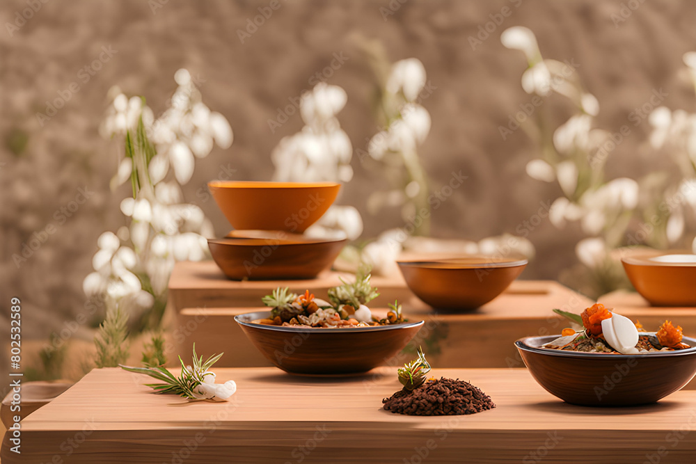 A bowl of medicine placed on a wooden podium in the center with many types of herb displayed around. Chinese medicine treat a wide range of ailments to enhance health