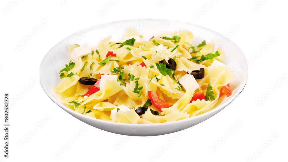 Pasta with olives and feta cheese isolated on white background