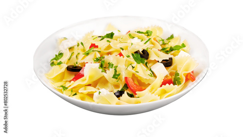 Pasta with olives and feta cheese isolated on white background