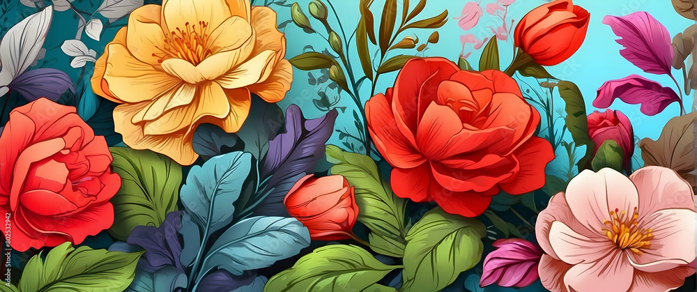 Beautiful and detailed image showcasing an array of brightly colored blooming flowers Beautiful and detailed image showcasing an array of brightly colored blooming flowers