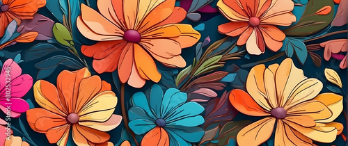 This image captures a colorful and vibrant abstract pattern of stylized flowers  suitable for various creative uses