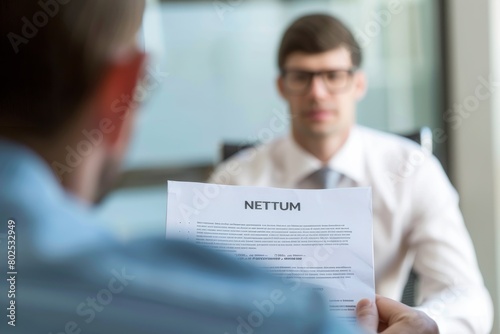 Close-up of a business document with selective focus, male professional reviewing it