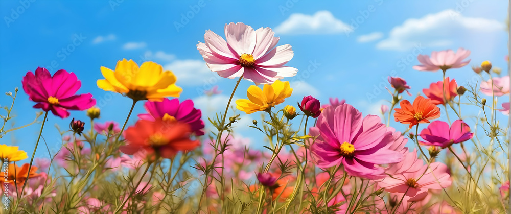 A cheerful display of cosmos flowers spread across a field under a bright and cheerful blue sky