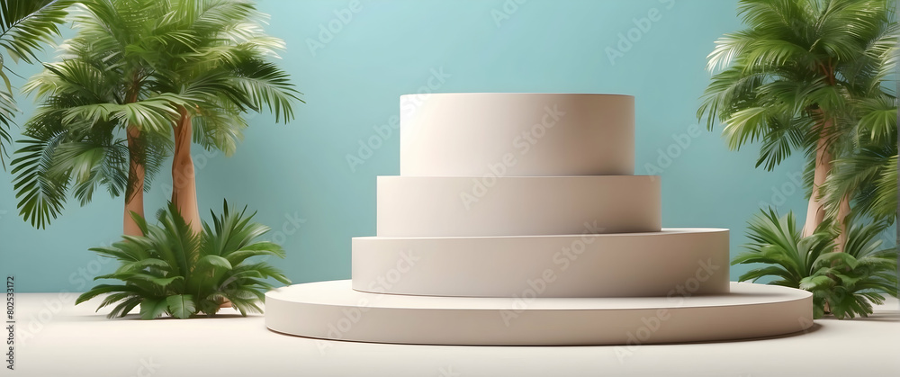 Minimalistic image of a white tiered round stand against a pastel background Minimalistic image of a white tiered round stand against a pastel background