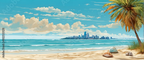 A serene beach scene with palm trees  gentle waves  and a distant city skyline under a clear blue sky