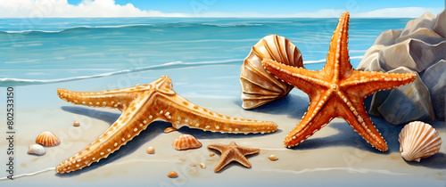 A digital illustration showcasing seashells and starfish on the sand, by the blue ocean water