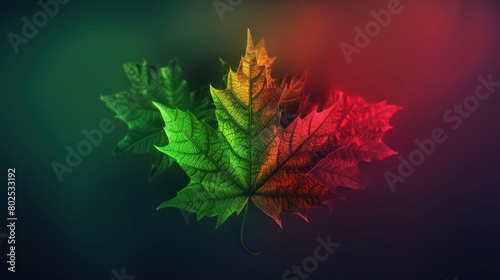Beautiful green and red colored neon maple leaf on dark gradient background