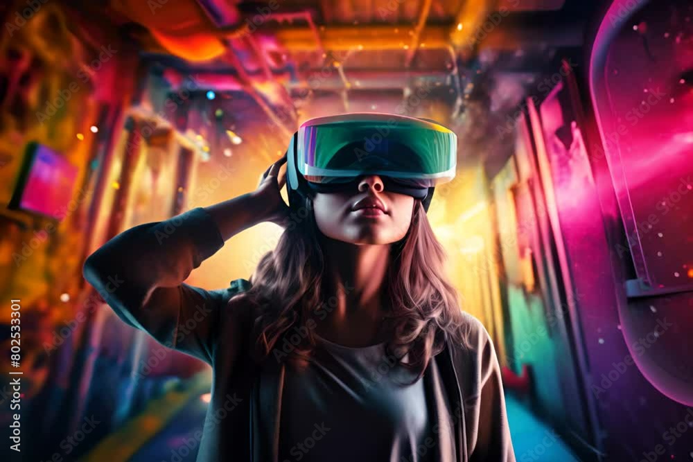 Woman using VR headset with vibrant colors Woman using VR headset with vibrant colors