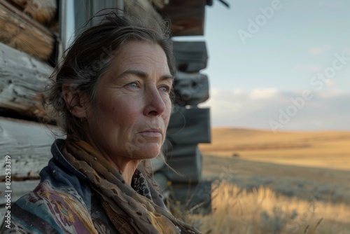 An older woman with a contemplative look gazes into the distance with a rustic backdrop photo