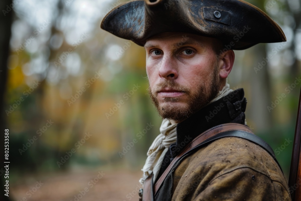 A reenactor poses in period clothing, evoking the spirit of a bygone military era with a sense of authenticity A reenactor poses in period clothing, evoking the spirit of a bygone military era with a sense of authenticity