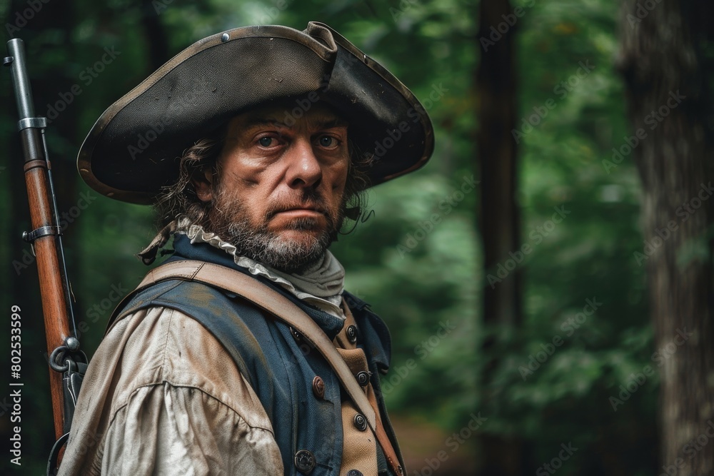 Obraz premium A man dressed as a soldier from the past, with a focused gaze and detailed costume capturing the historical essence