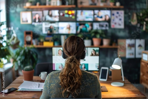 This image captures a woman from the back, engaged in an online video conference with multiple participants, emphasizing the modern remote work era © ChaoticMind