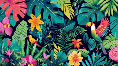 A colorful design featuring tropical plants and animals with the message Protect Paradise promoting the conservation of rainforests..