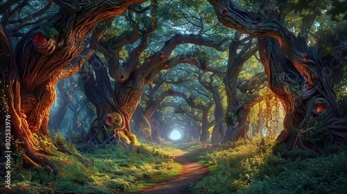 a beautiful forest with a path leading through it