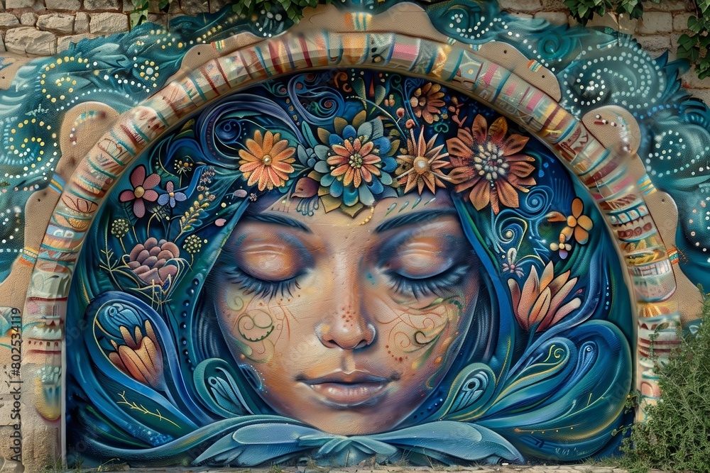 Obraz premium a painting of a woman with blue hair and flowers in her hair