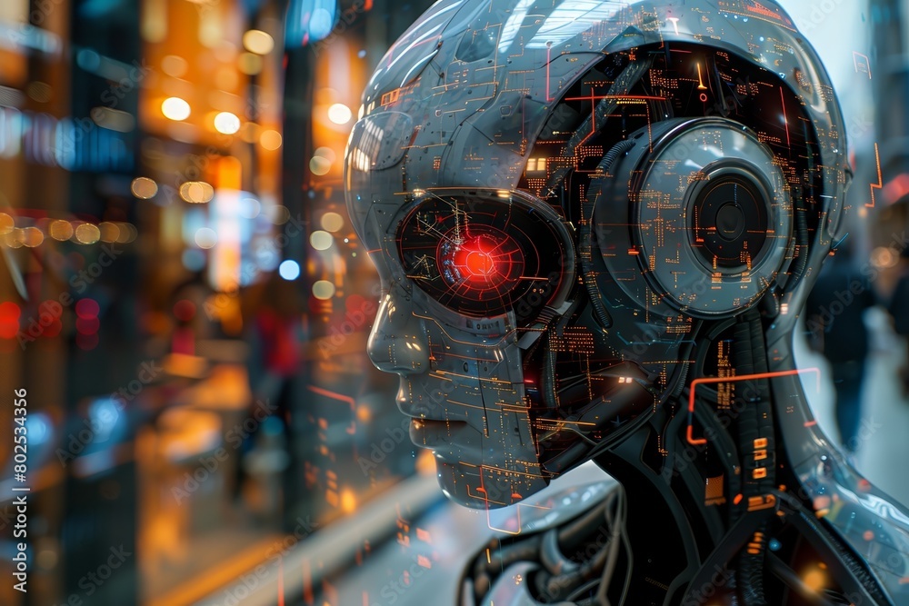 Fototapeta premium The robot is looking at you with red eye, emotionless. It has a metallic body and a red eye. It is standing in a city street with blurred background.