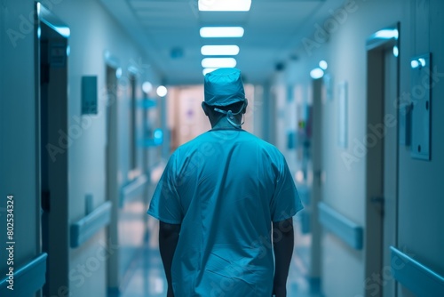 Back view of a healthcare worker in blue surgical attire, walking down a hospital hall reflecting a calm yet determined atmosphere photo