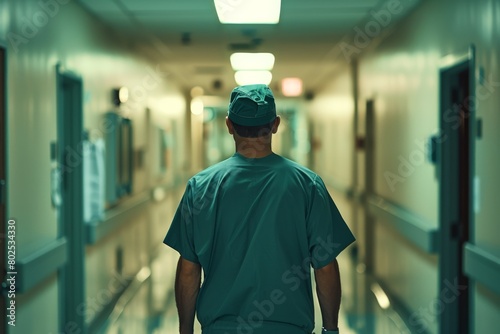 A rear view of a lone surgeon walking down a hospital corridor  in deep thought reflecting on a surgery s outcome