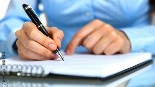 Focus on hand of young businesswoman in blue shirt with pen over blank page of notebook during organization of work and writing down agenda
