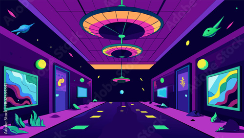 The ceiling is lined with blacklight posters which come to life under UV light providing an otherworldly backdrop for the therapy session..