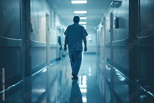 A healthcare professional in scrubs walks purposefully down the sterile, brightly-lit corridor of a medical facility, symbolizing dedication and urgency