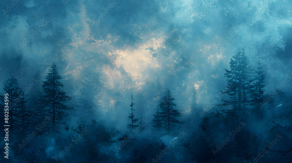 Serene Forest Landscape with Trees Against a Soft Blue-Indigo Canvas