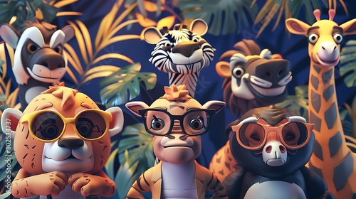 A collection of playful, animated animals wearing glasses, each one confidently posing with folded arms, set against a vibrant navy blue zoo backdrop bustling with activity photo