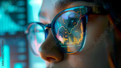 Trader watching the markets on a monitor with the charts reflected in their glasses photo