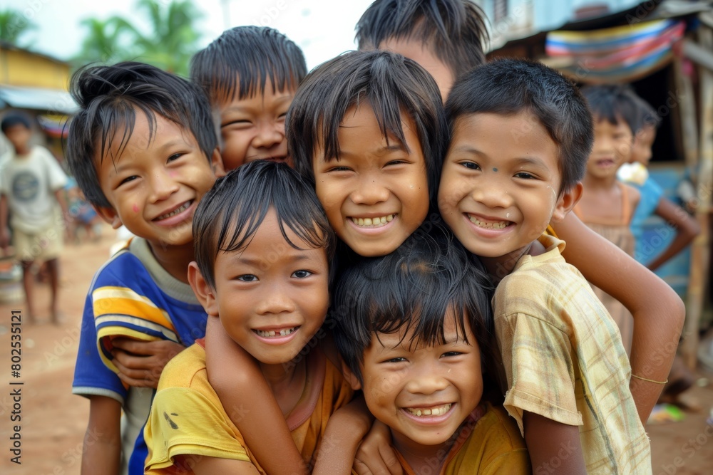 Group of happy asian children smiling at camera in the village. Group of happy asian children smiling at camera in the village.