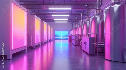 Colorful Lighting on a Modern Milk Pasteurization Machine in a Clean Processing Facility