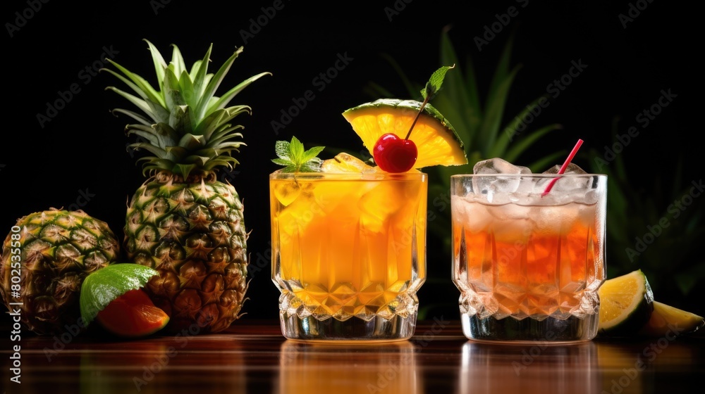 Three drinks with a pineapple and a cherry on top