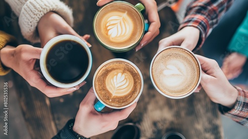 Group of friend drinking hot beverage coffee latte art and enjoying together top view coffee shop or cafe.