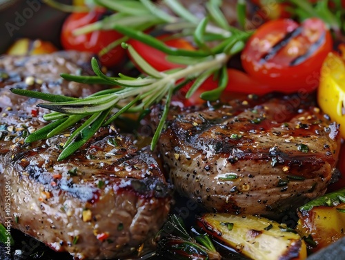 A plate of meat with herbs and vegetables on top