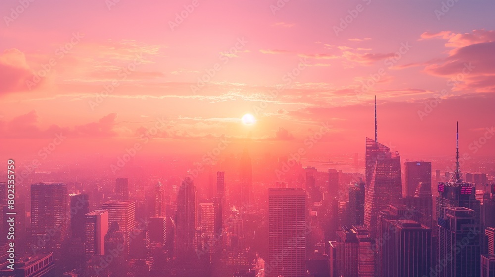 Coral & pink city sunset, warm glow. Dreamy cityscape, summer vibes